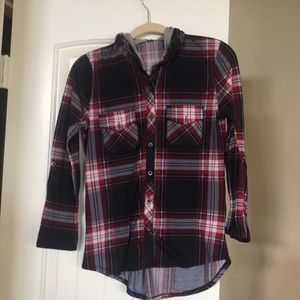 Flannel hoodie in red, dark blue, and white